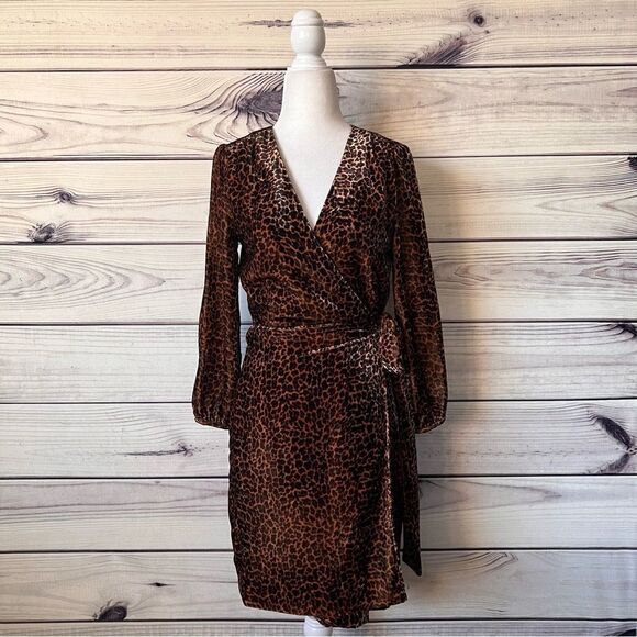 J.Crew Brown Leopard Print Velvet Wrap Dress - Picture 2 of 12